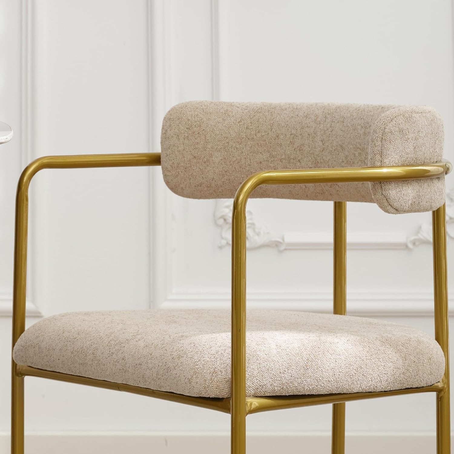 Boucle Dining Chairs Set of 6 with Arms, Mid Century Modern Upholstered Dining Chairs for Kitchen & Dining Room, Curved Backrest, Gold Metal Frame (Taupe/Sand)
