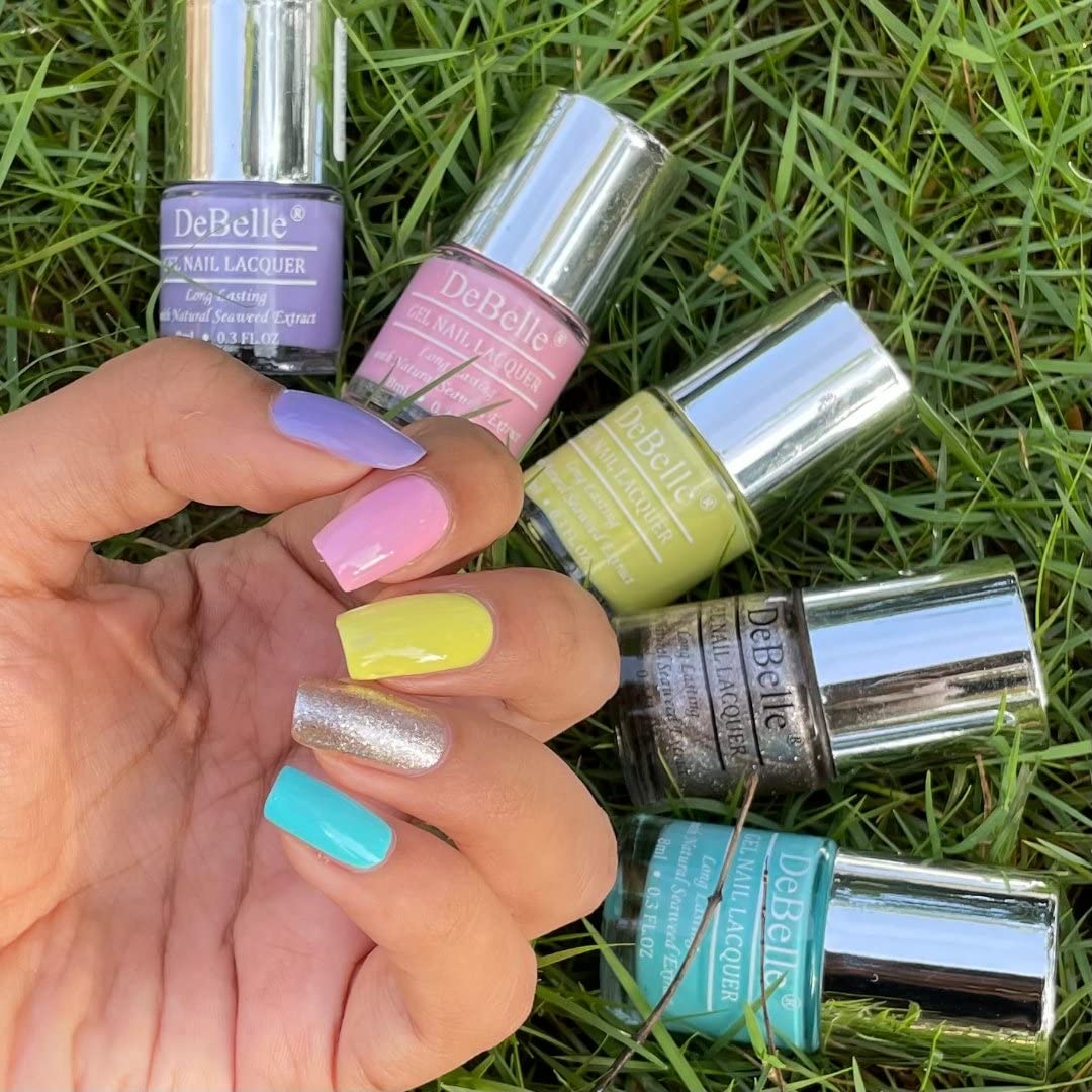 DeBelle Gel Nail Polish Combo Set of 5 Cherry Cola Pastels - Blueberry Crepe (Lavender), Cherry Macaron (Powder Pink ), Lemon Tart (Lemon Yellow), Sparkling Dust (Glitter), Peppermint Pudding (Mint Green) 40 ml (8 ml Each)-image-41