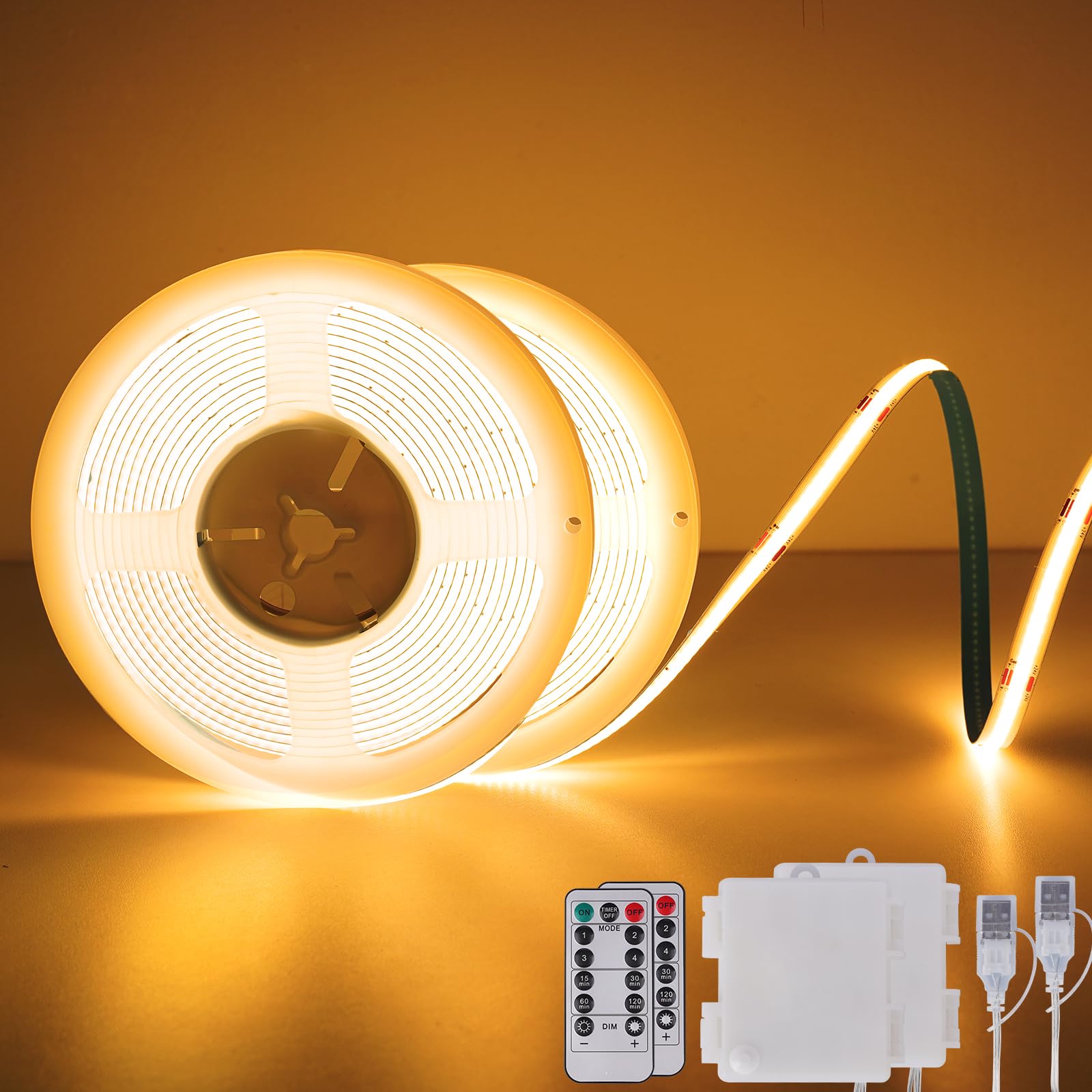 StarryEver COB LED Strip Lights, 2700K Warm White Battery Powered 640LED 2M Strip Lights with Remote Timer Dimmable Flexible Cuttable Tape Lights for Cabinet Shelves Bedroom (2 Pack) — image 1