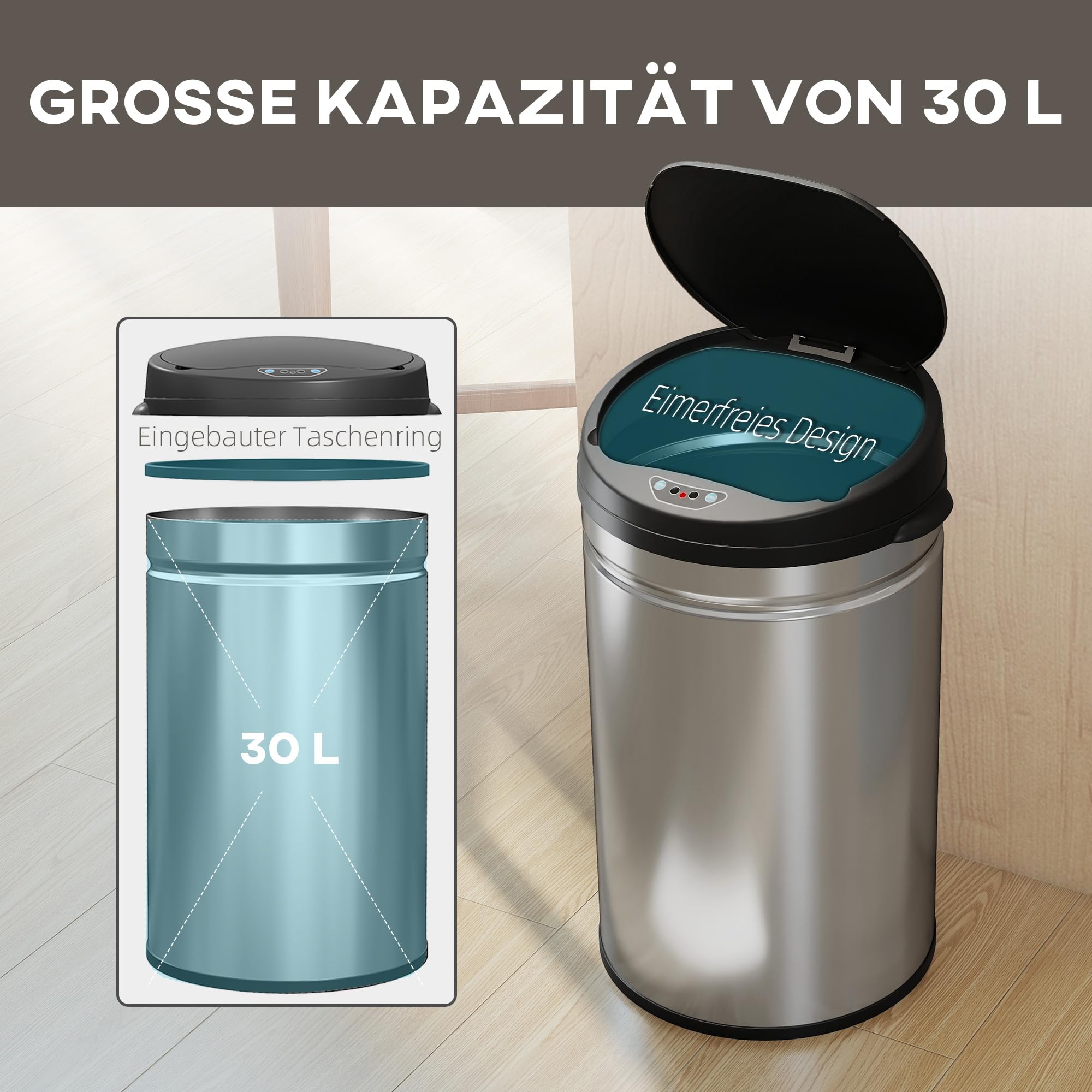 Poubelle Automatique à Capteur 30L - Acier Inoxydable Anti-empreintes - Ouverture Mains Libres, Fermeture Douce - Pour Cuisine, Bureau - 5