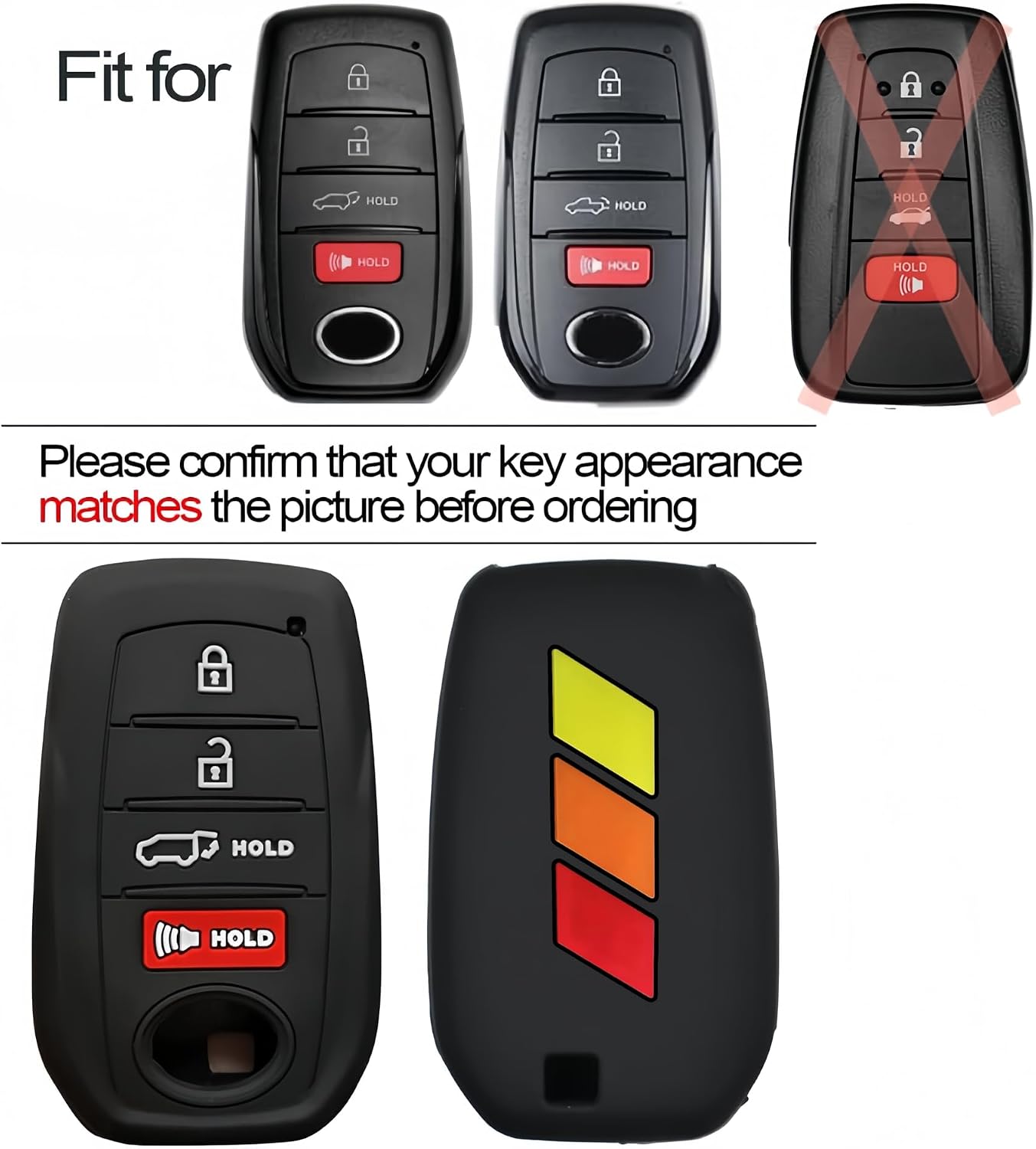 Tri-Color Silicone Rubber Key Protector with Key Chain 4 Button Compatible with Tacoma Prius Venza Corolla Crown Sequoia Tundra Grand Highlander RAV4 Prime Mirai Smart