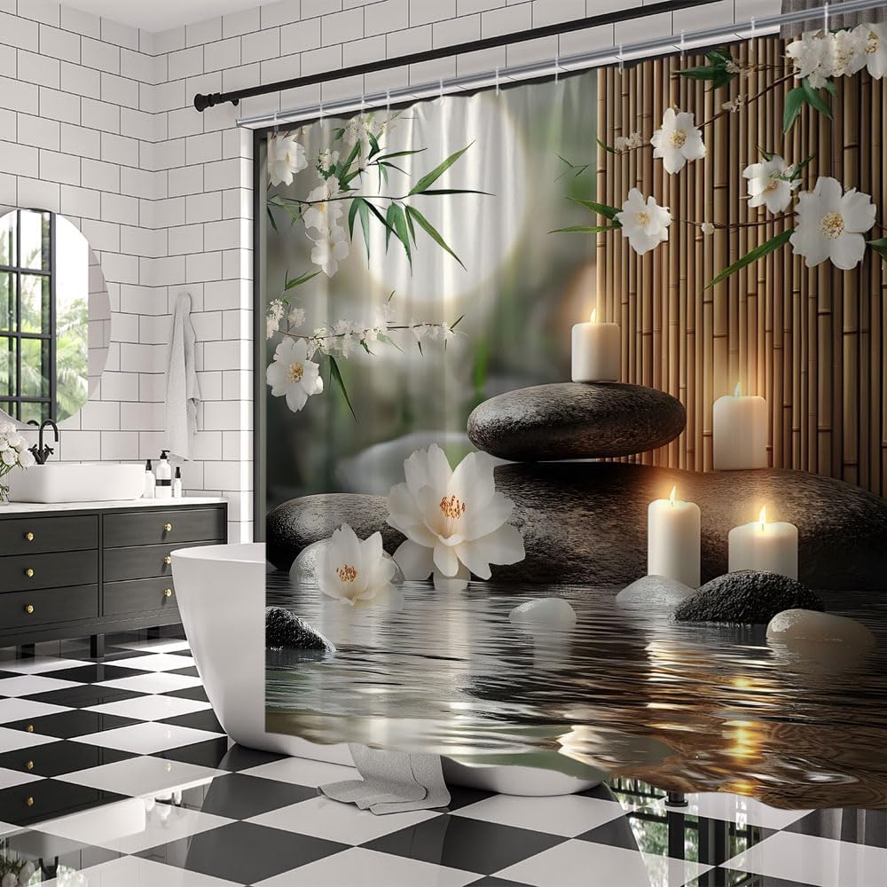 Lotus Floral Bamboo Shower Curtain Zen Stone Spa Flowers Pastel Full Moon Relaxing Asian Garden Scenery Fabric Bathroom Decor Curtains with Hooks,90 x 70