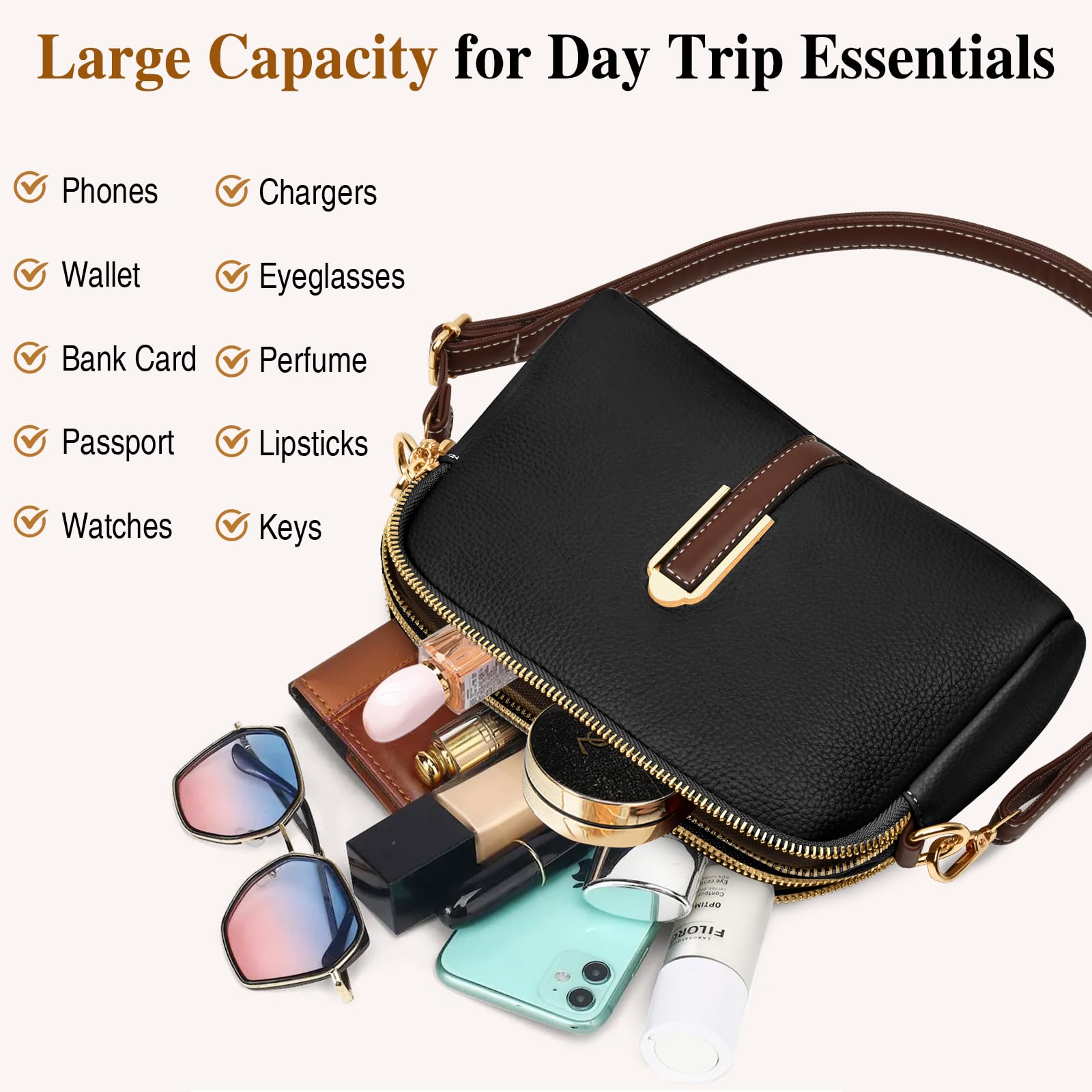TEUEN Petit Sac a Bandoulière Femme, Simili Cuir Souple en PU Saccoche Bandouilliere avec Poches Multiples 2 in 1 Sacs à Main Portés Épaule et Pochette Bandoulière pour Telephone Portable