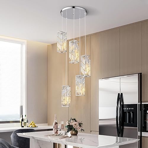 Miniatura 2 de FDPBY Iluminación colgante cromada, lámpara colgante moderna, mini candelabros de cristal, lámpara colgante ajustable para cocina, isla, comedor,