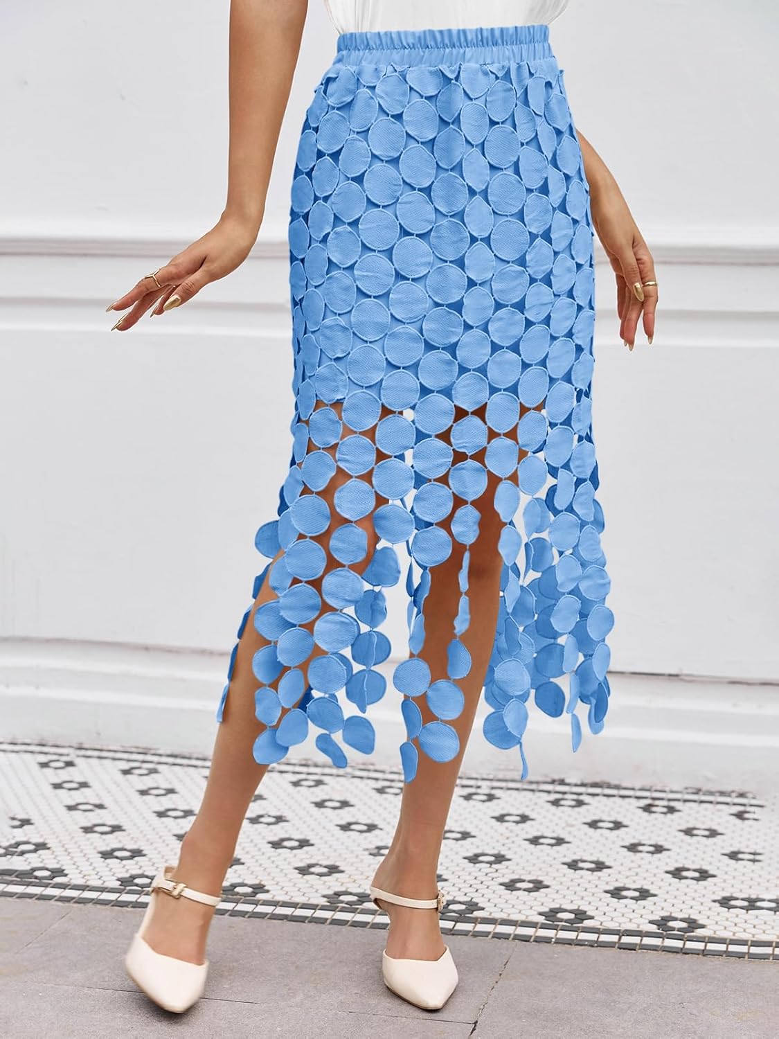 Cicy Bell Womens Hollow Out Maxi Skirts Summer High Waisted Boho Fringe Hem Skirt Beach Vacation Outfits - Image 2