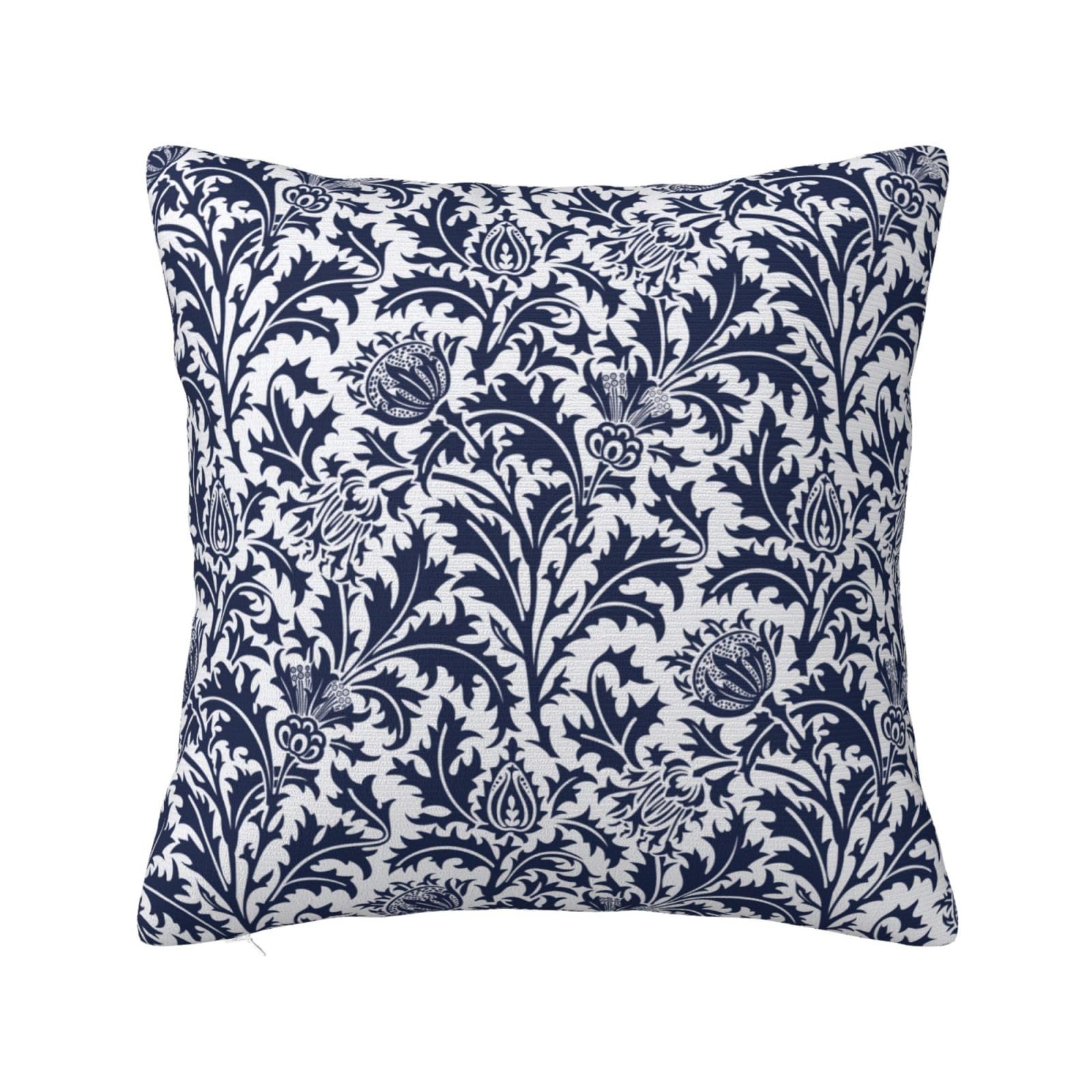 Keebik William Morris Thistle Damask Navy Blue Throw Pillow Covers Decorative Outdoor Soft Pillowcases Home Decor Living Room Cushion Case for Bed Couch Car 18x18 Inch