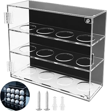Golf Ball Display Case, 3-Tier 12-Slot Wall Rack, Clear Acrylic Dustproof