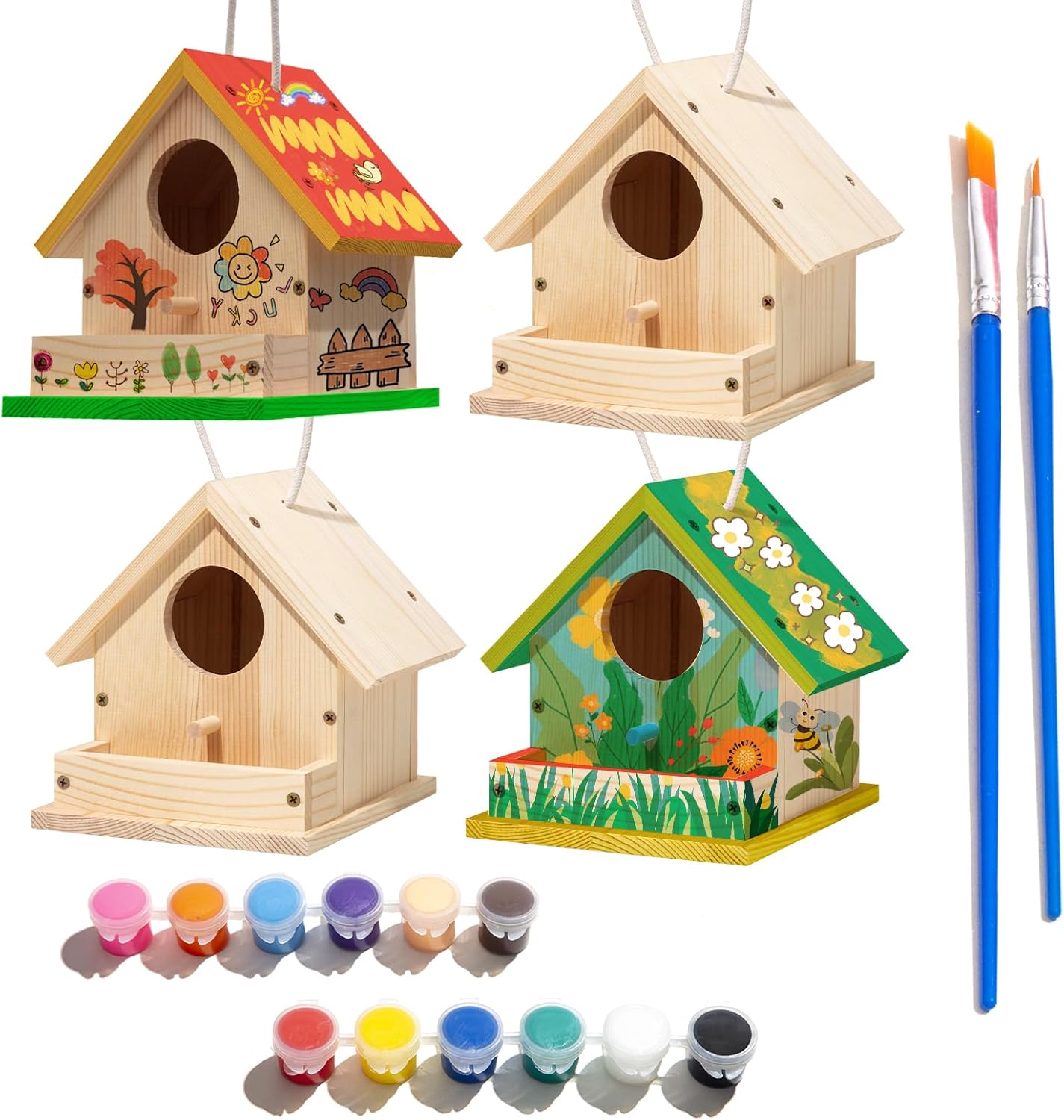 4 Sets Wooden Birdhouse Kit for Outdoor DIY Paint Your Own Wood Kid Art Craft Outdoor Birdhouse Kit Hanging Bluebird Cardinals for Spring Summer STEM Projects