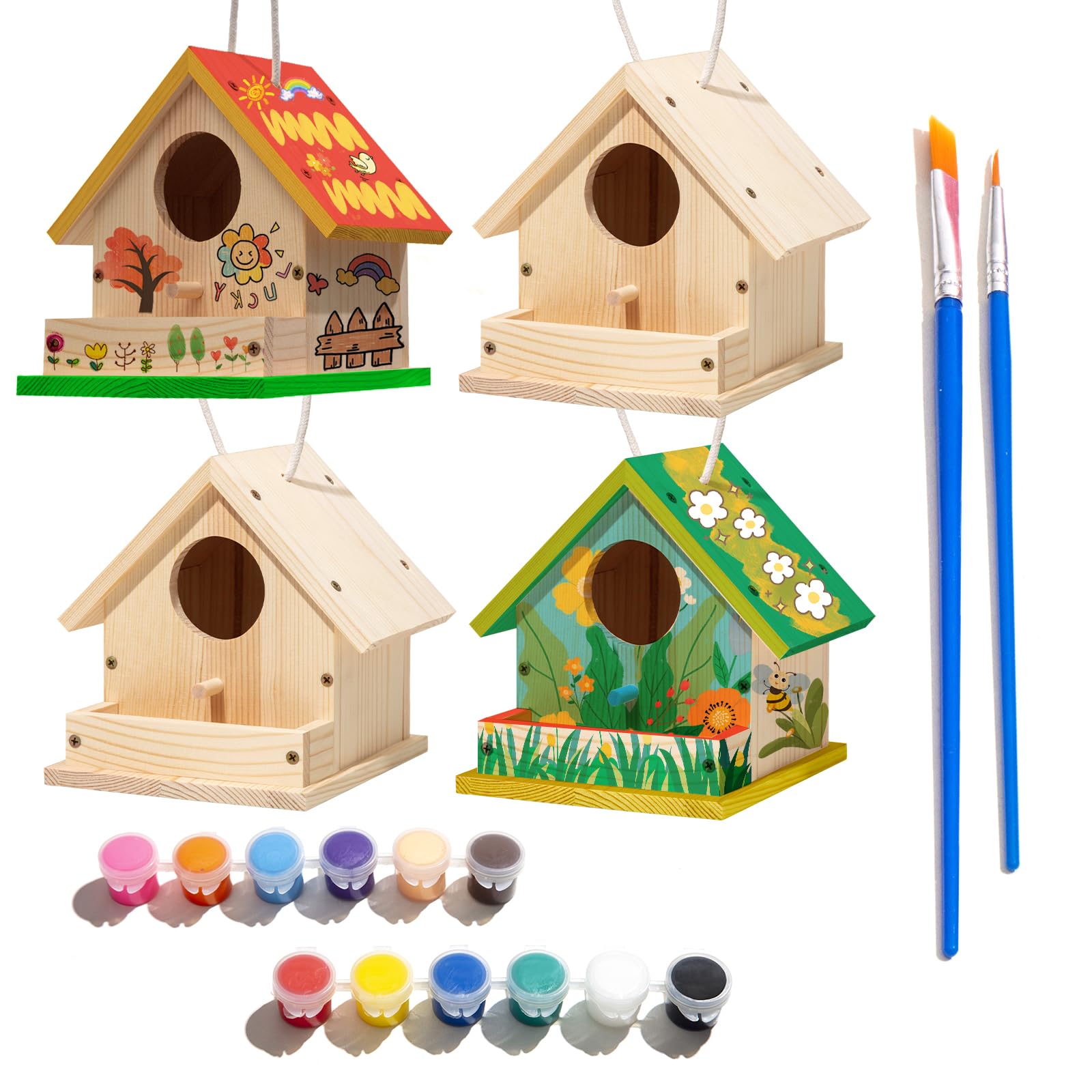 4 Sets DIY Wooden Birdhouse Kits with Paint for Kid, Paint Your Own Wood DIY Kid Art Craft Outdoor Birdhouse Kit Hanging Bluebird Cardinals for Spring Summer STEM Projects