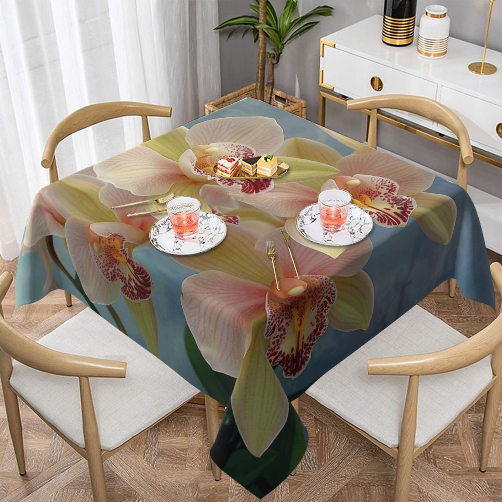 WPKJU Orchids Printed Square Tablecloth 60x60 inch Water Resistant Table Cover Washable Rectangle Table Cloth for Dining Tables