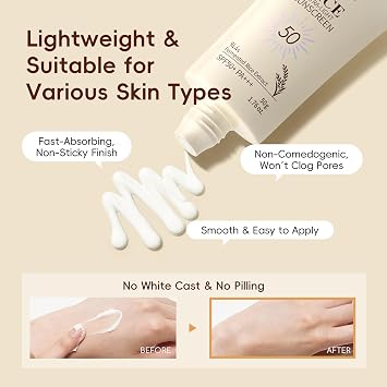 Rice Sunscreen SPF 50 Face Moisturiser, Ultra-Light Sun Cream Face & Body, Korean Rice SPF 50 Face Sunscreen with UVA/UVB Protection, Brightens & Protects Dry Sensitive Skin, Non-Greasy