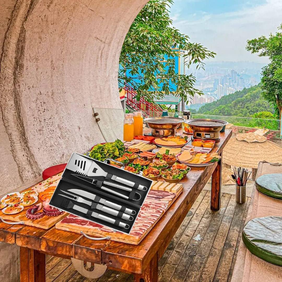 6PCS BBQ Accessories Stainless Steel Grill Tools Set,with Extra Thick Spatula, Fork, Tongs & Cleaning Brush,for Travel, Outdoor Perfect Grill Gifts for Men