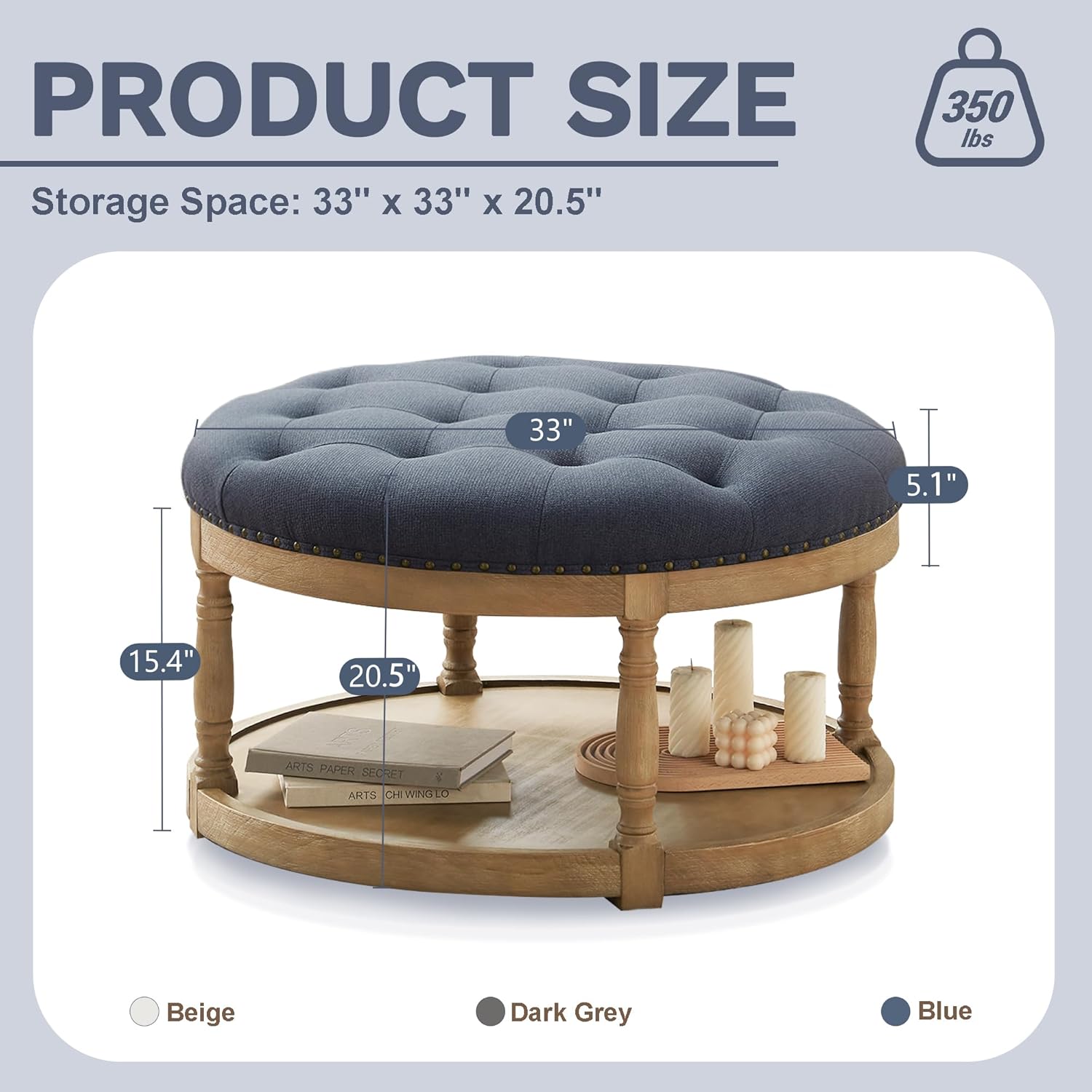 33" Large Round Ottoman Coffee Table with Storage, Upholstered Button Tufted Linen Footrest Ottoman with Wood Storage Shelf Farmhouse, for Living Room, 350 LBS, Haze Blue