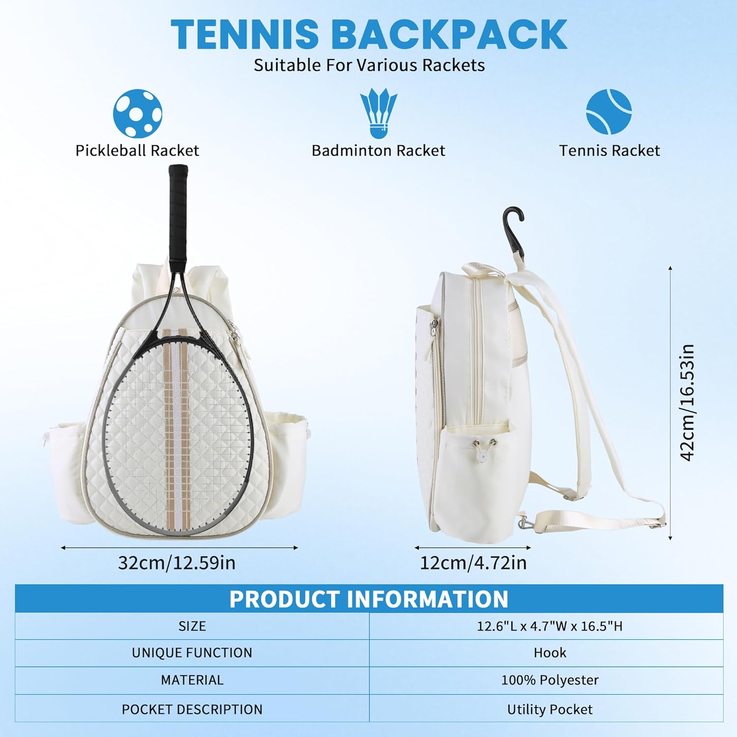 Tennis Racket Bag, Tennis Bags for Women, Quilted Sling Crossbody Backpack with Hook, Water Resistant Tennis Racket Cover for Pickleball, Racketball