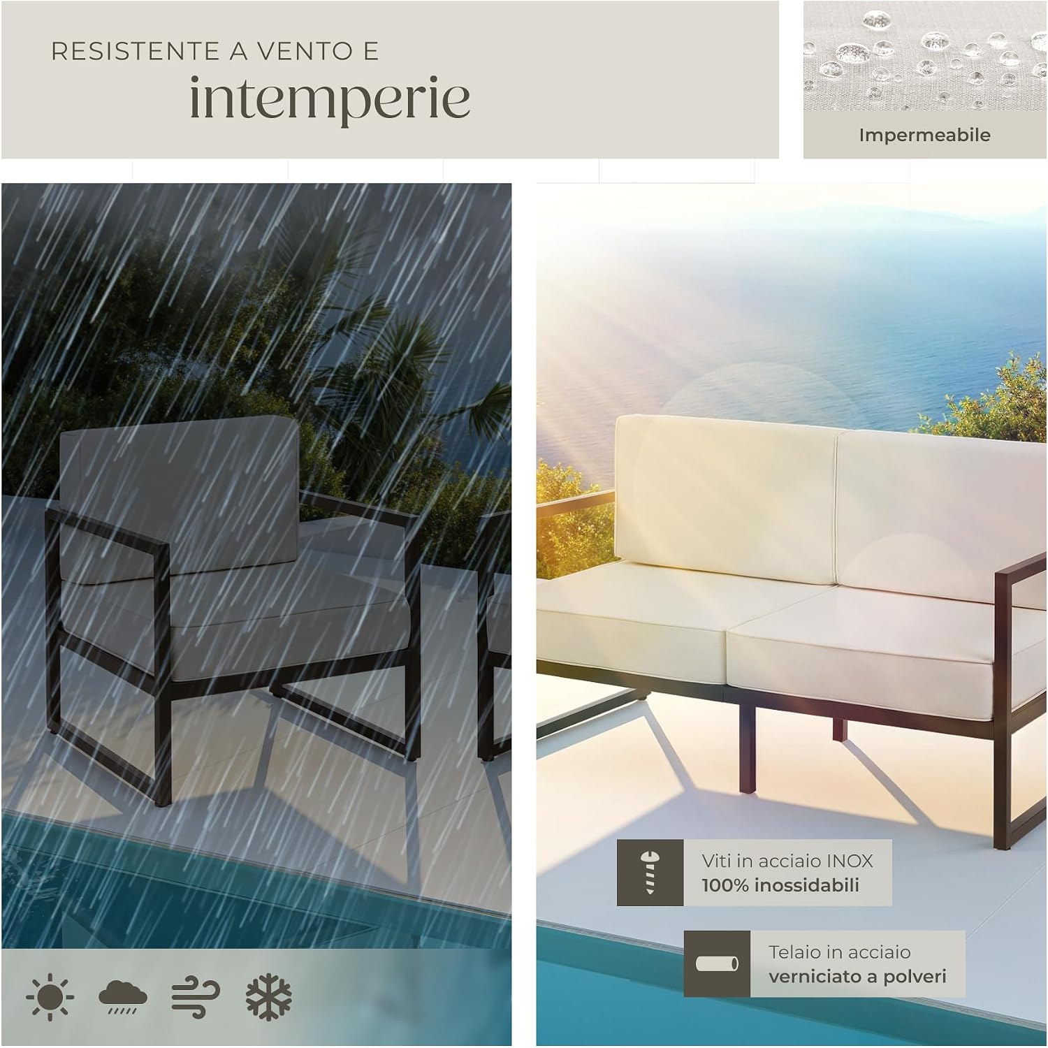 Image demonstrating the water-repellent properties and weather resistance of the sofa