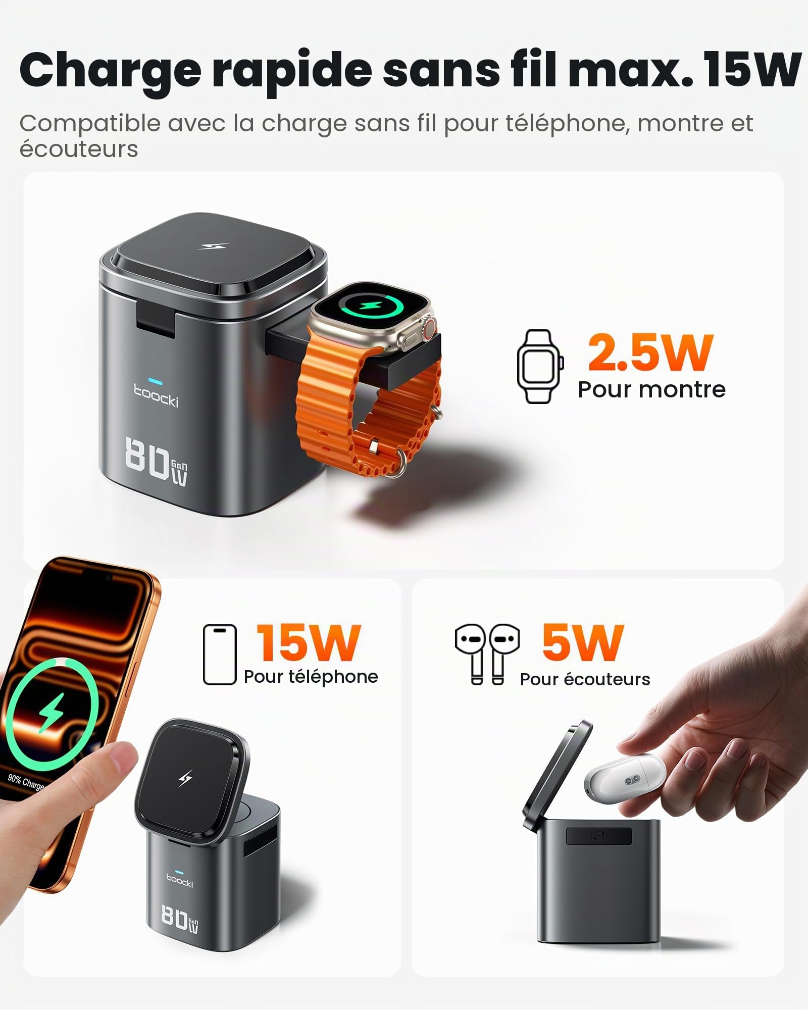 toocki Station Charge 80W GaN, 6 en 1 Chargeur avec Câble Rétractable USB-C | GaN USB-C et USB-A, PD Charge Rapide, Design Tout-en-Un Idéal Bureau/Maison/Voyage, pour iPhone 17/Galaxy S26/Watch/AirPods