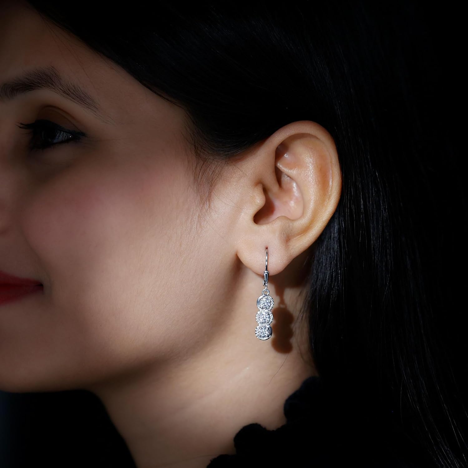 Certified Moissanite Hoop Earrings in Silver, D-Vs1 Quality, 3 Stone Moissanite Dangling Earrings (Ideal For Gift) - Image 3