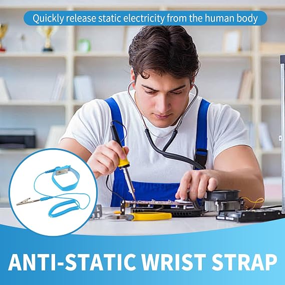 Anti-Static Metal Adjustable Wrist Strap for ESD Discharge, Static Grounding Clamp, Prevents Static Electricity Build-Up, 1.8M Cord Length, Stainless Steel, for Electronics Handling (Blue)