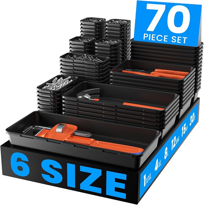 A-LUGEI【70】【6 Size】Tool Box Organizer Tray Divider Set, 【Black】 Desk Drawer Organizer, Garage Organization and Storage Toolbox Accessories Rolling Tool Chest Cart Cabinet WorkBench Small Part