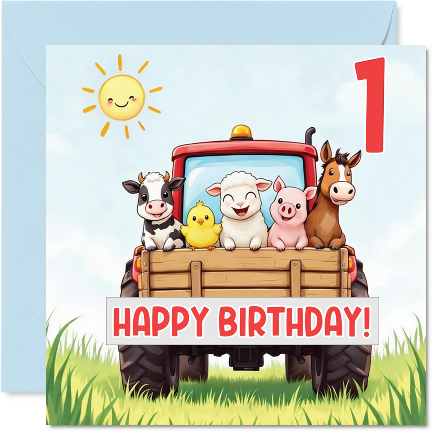 Playful 1st Birthday Card - One Today and Ready to Roll - Bright Red Tractor with Adorable Farm Animals - 145mm Square, Envelope Included