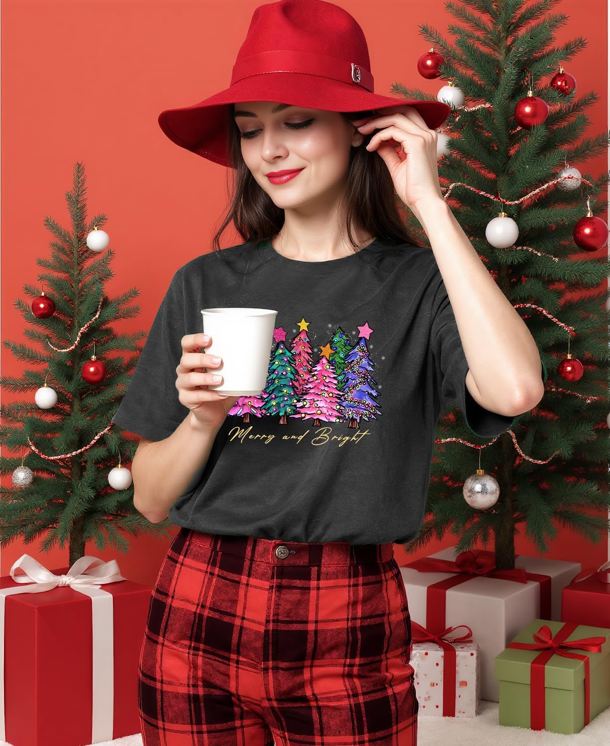 Christmas Shirts for Women Merry and Bright Shirt Xmas Tree Graphic Tee Christmas Short Sleeve Holiday Tops - Image 3