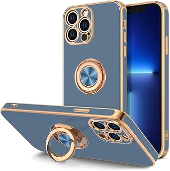 Hython Case for iPhone 13 Pro Max Case with Ring Stand [360Rotatable Ring Holder Magnetic Kickstand] [Plated Rose Gold Edge] Soft TPU Cover Luxury Protective Phone Case for Women Men, Blue Gray