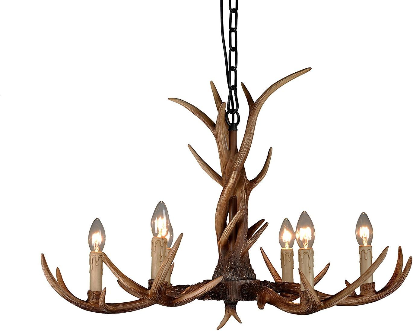 Vintage Chandelier Deer Horn Resin 6 Lights,Rural Countryside Antler Chandeliers, Study Room/Office, Dining Room, Bedroom, Living Room Chandelier