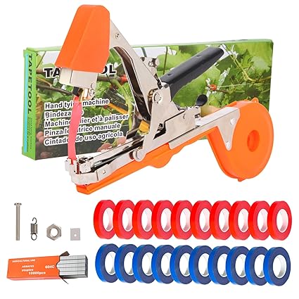 UCCOSSO Plant Tying Machine to Tie Up Vine Quickly with 20 Rolls of Tapes+10000pcs Staples for Gardeners Farmers Gardening Tying Tool(Orange)