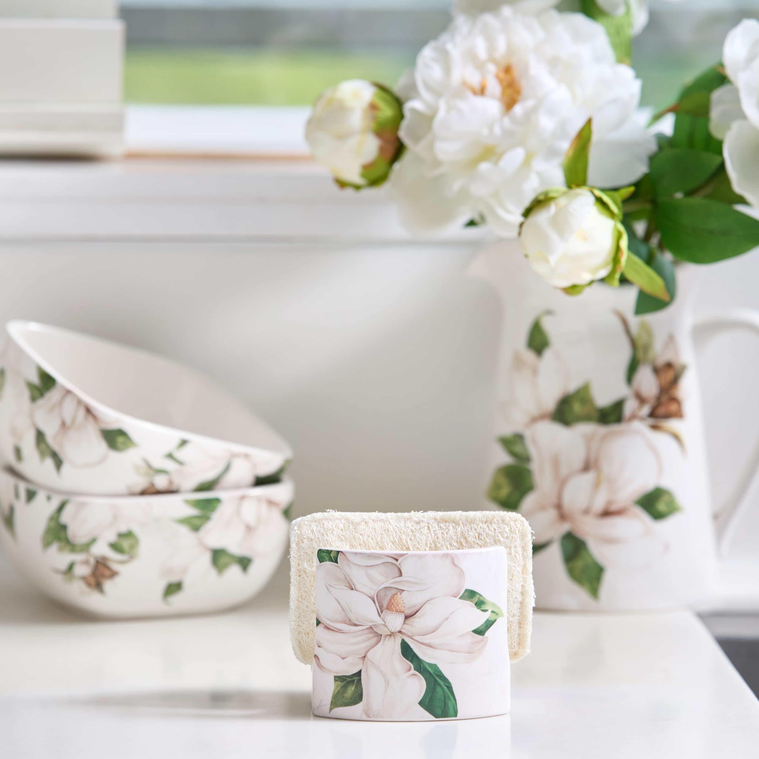Magnolia Floral Sponge Holder - Ceramic Sink Organizer -5 Magnolia Floral Sponge Holder - Ceramic Sink Organizer -5