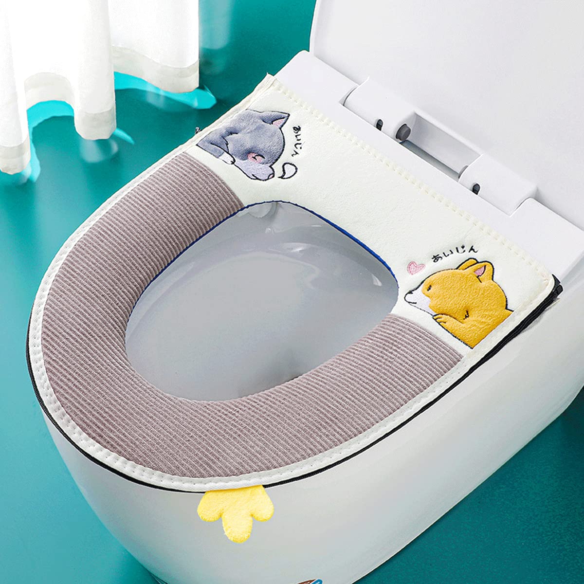 Happy Go-Mart Toilet Seat Cover Pads, Cute Dog Bathroom Soft Warmer Cloth Waterproof Leather Stretchable Washable Toilet Seat Cushion with Zipper and Hanging Loop (Gray)