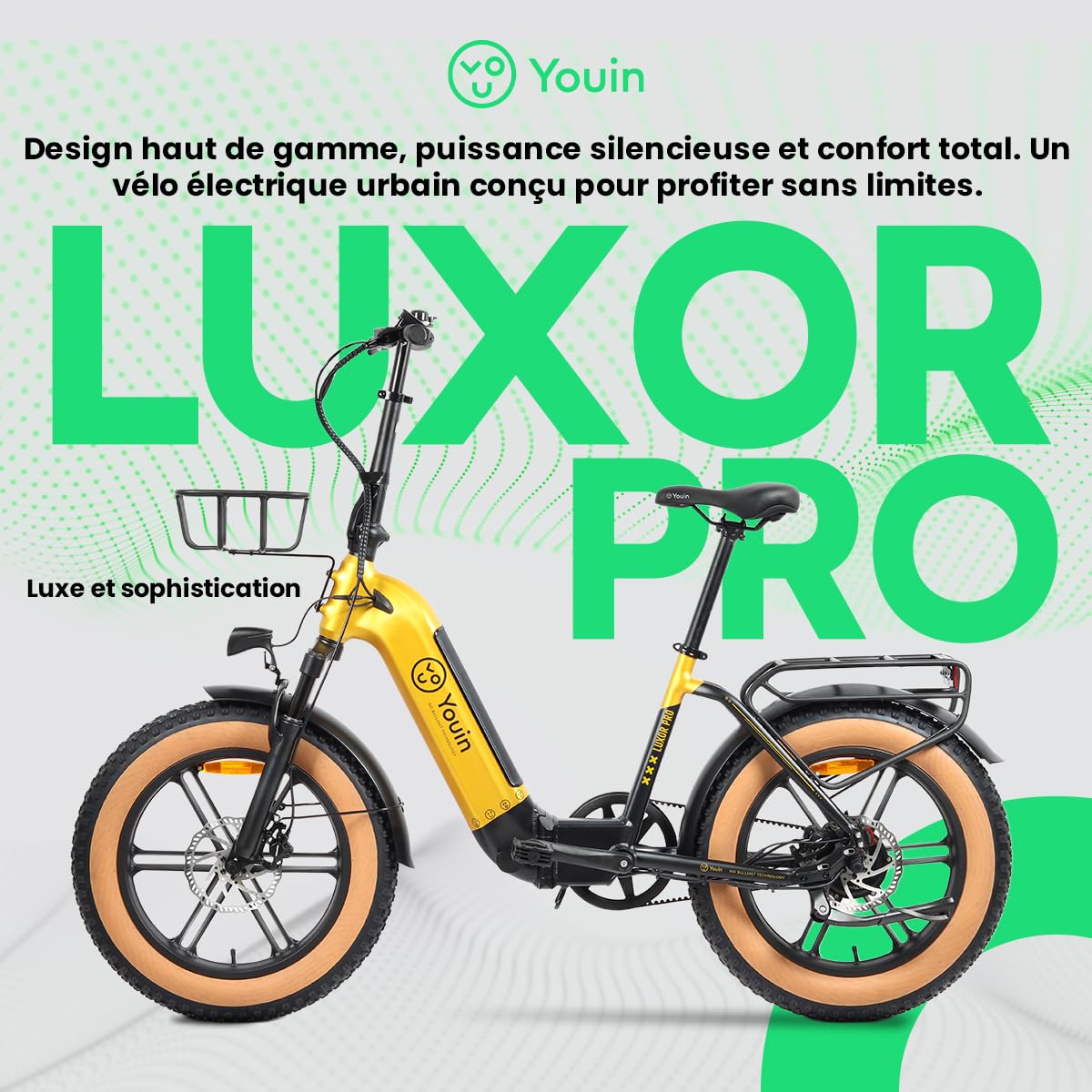 Youin Luxor Pro BK1750 Vélo électrique Pliable Fat 20 Pouces Sangle Carbone Moteur 250 W Batterie Amovible jusqu'à 100 km Freins hydrauliques Écran Couleur Suspension Premium.