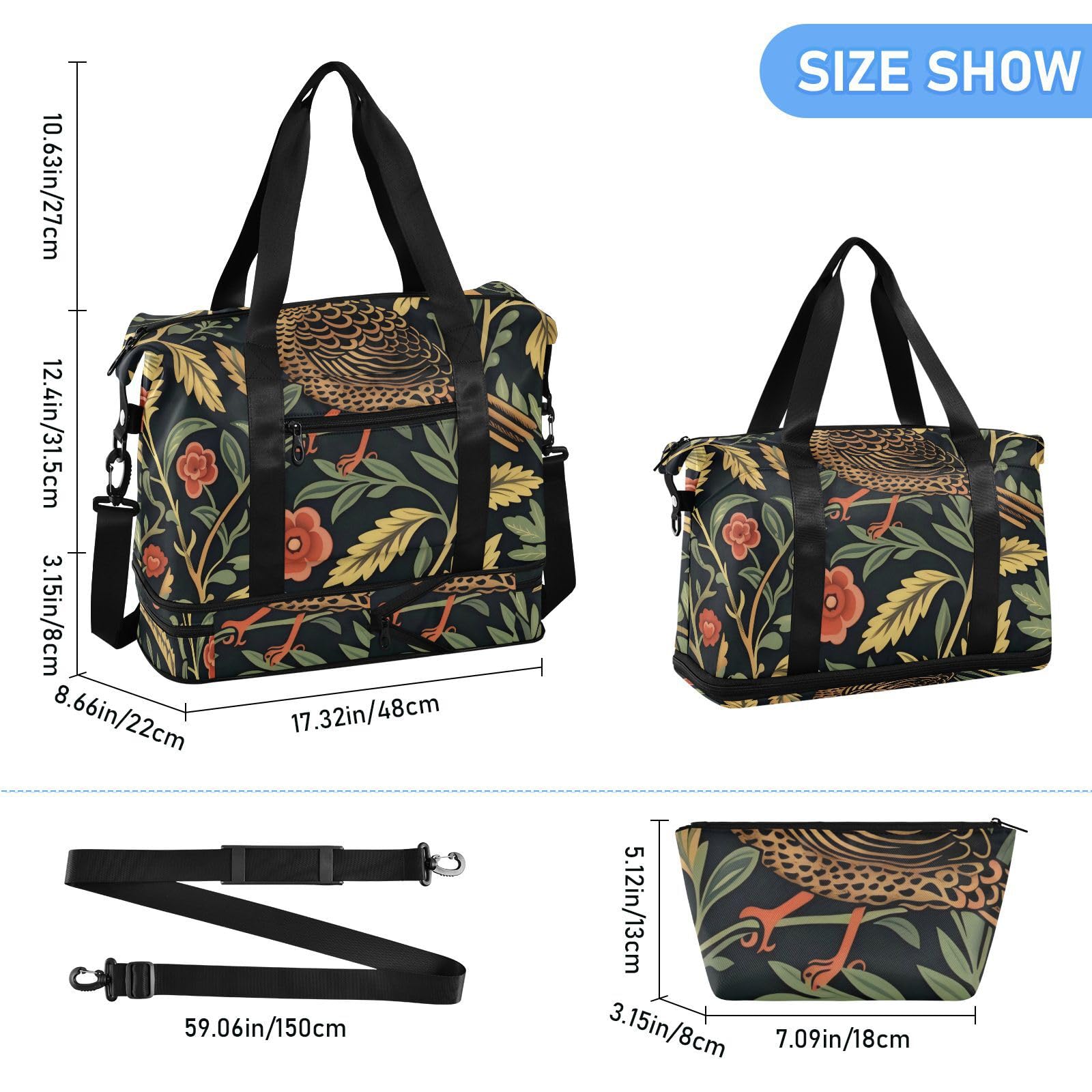 William Morris Design duża torba na lotnisko z mokrą kieszenią regulowany pasek torba podróżna torba na siłownię na wędrówki składana dla mężczyzn kobiet