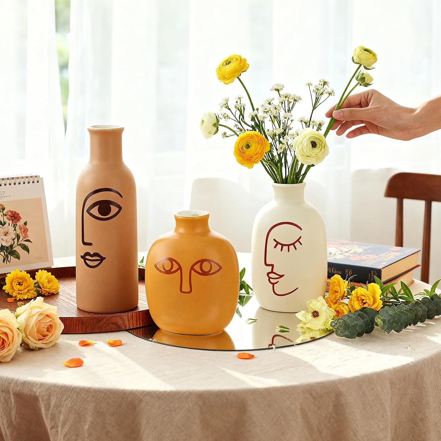 TBWIND Ceramic Vases Set of 3, Modern Boho Rustic Farmhouse Style Matte Finish Decorative Flower Vases for Home Decor, Table Centerpiece and Shelf Styling.