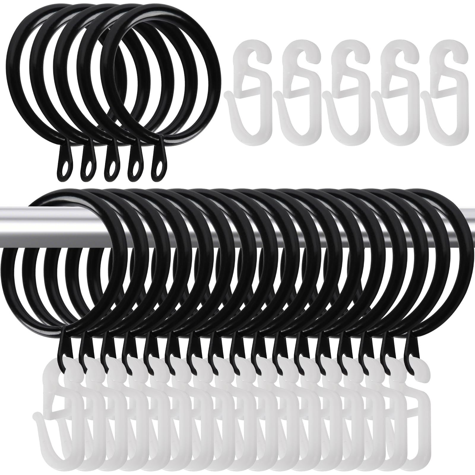 yixiaoboda 50 Pack Curtain Rings and Hooks, 30mm Metal Drapery Hanging Rings & 50pcs Curtain Hooks Plastic White for Curtains and Rods, Drape Sliding Eyelet Rings(Black, 50 Pack)
