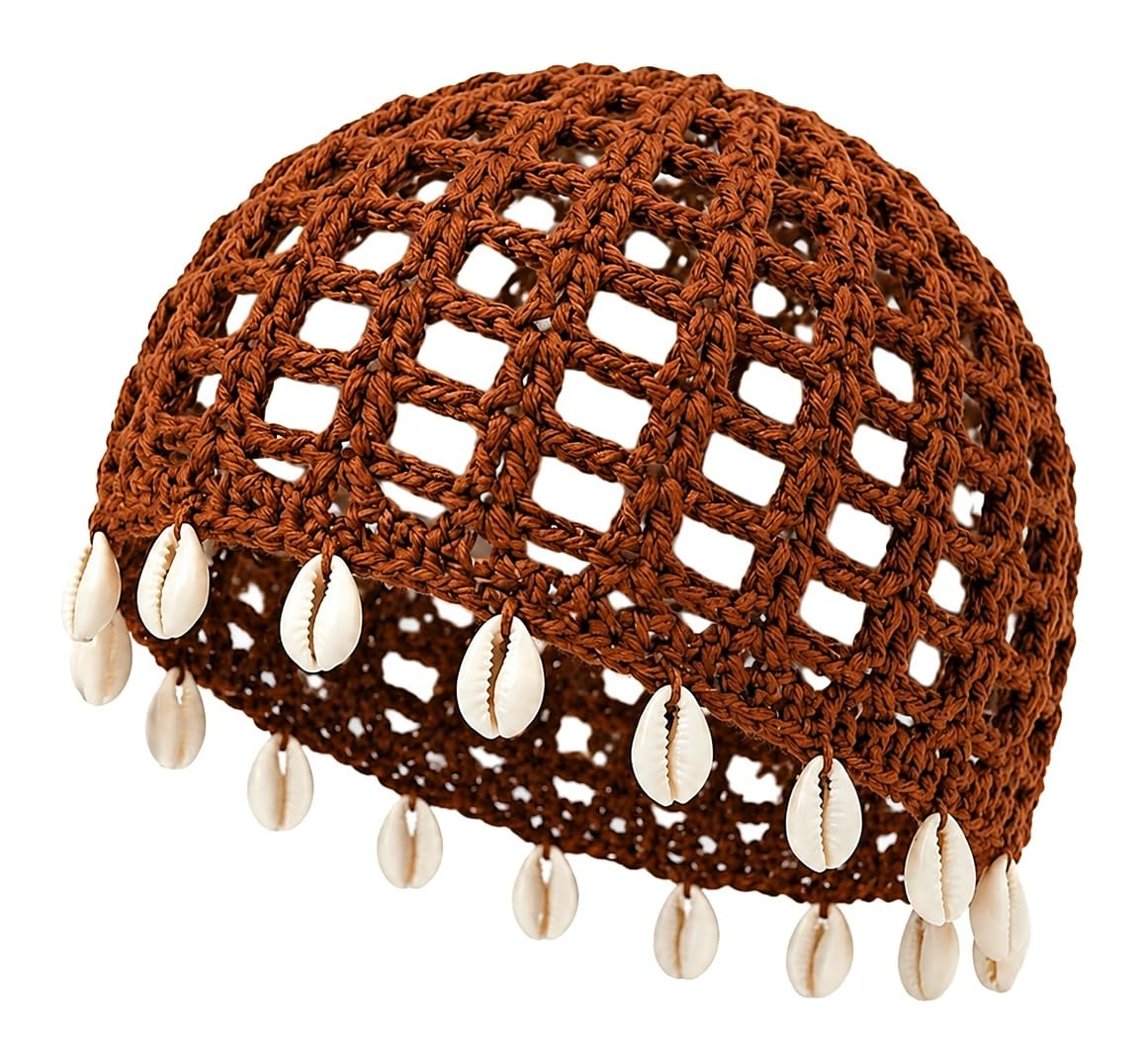 Boho Shell Crochet Cap, Handmade Open-Knit Design, Lightweight, Beach and Festival Style Brown-picture-26