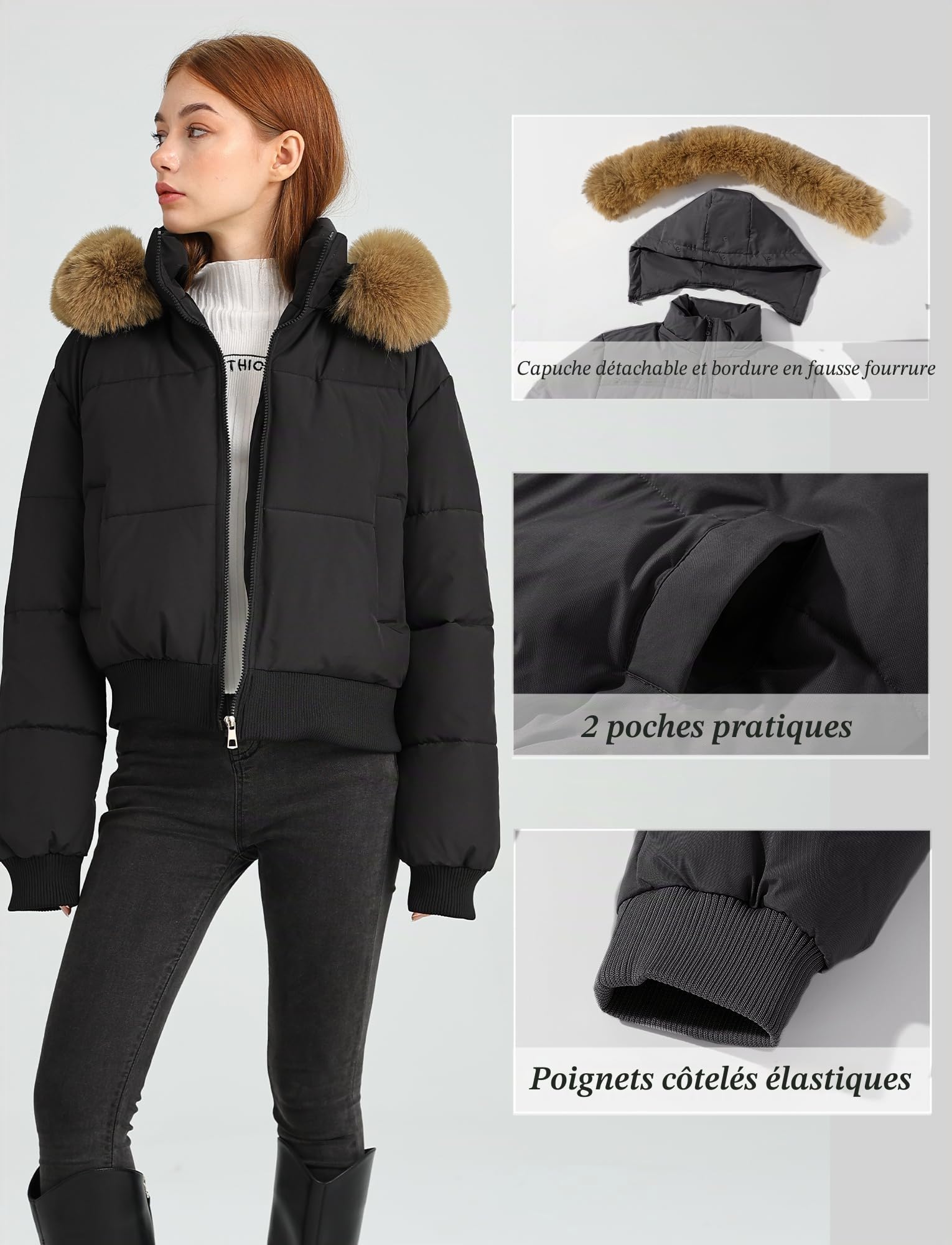 Maeau - Manteau Court à Capuche Col en Fourrure Amovible Femme Veste Hiver Chaude M-XXL