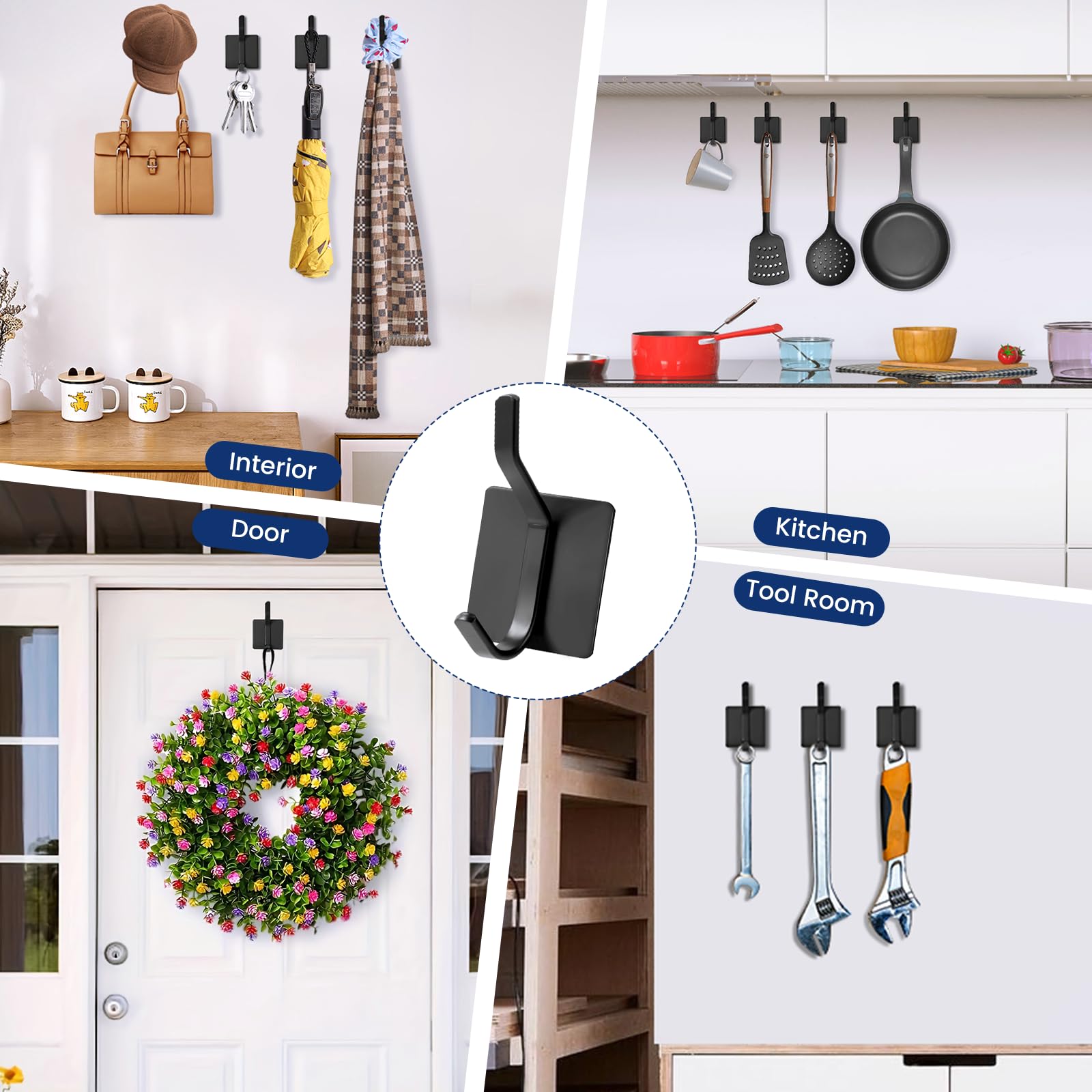 HNVNER Ganci Adesivi Bagno 6 Pezzi, Bianco Gancio Accappatoio Doccia, Metallo Ganci Appendiabiti Senza Forare per Bagno, Cucina e Oufficio