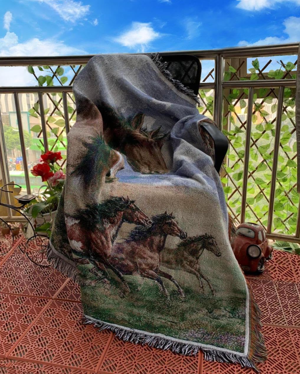 Western Galloping Horse Woven Tapestry Throw Blanket Wall Hanging Art Handicrafts Jacquard Multipurpose Soft Travel Mat Outdoor with Fringe Tassels 50 X 60 Inches - Image 5