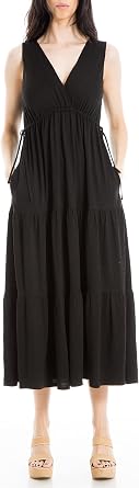 Max Studio Womens Sleeveless V Neck Maxi Tiered Dress