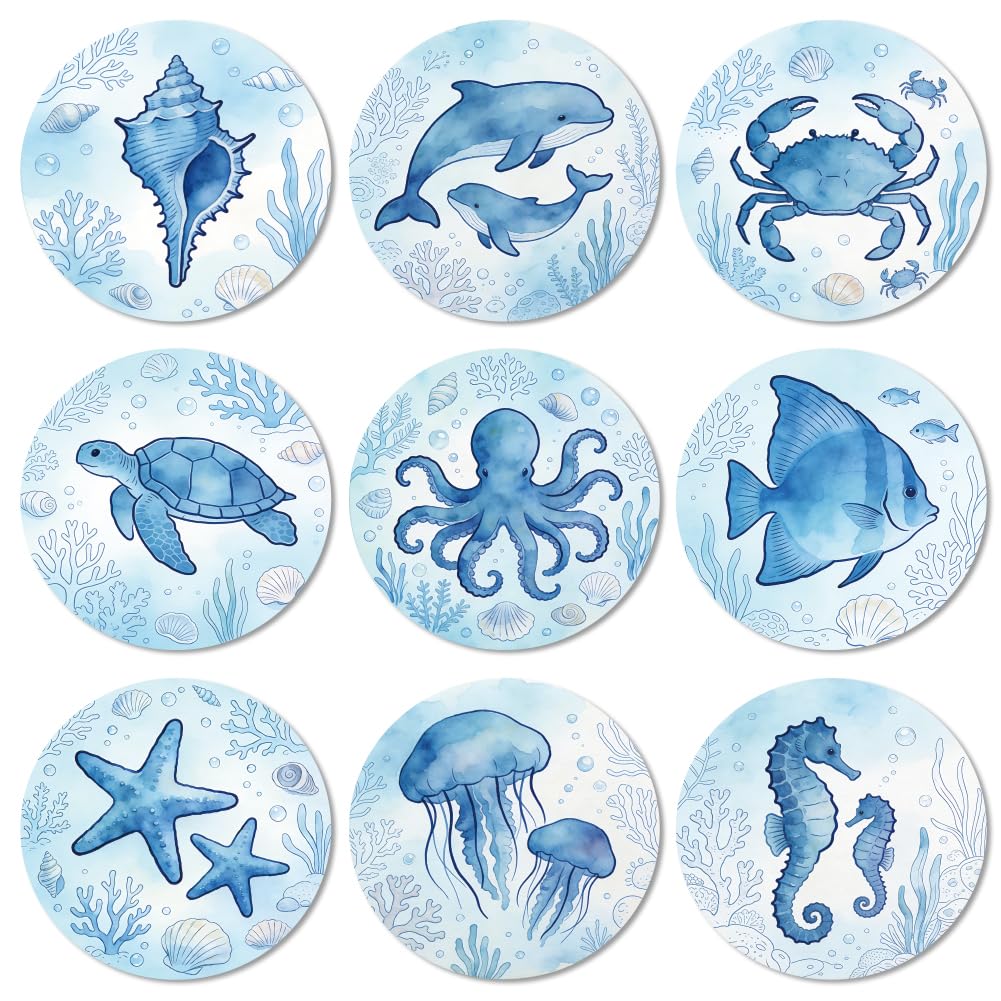 ANATTASOUL Marine Animals Wood Coasters Set of 9 for Coffee Table