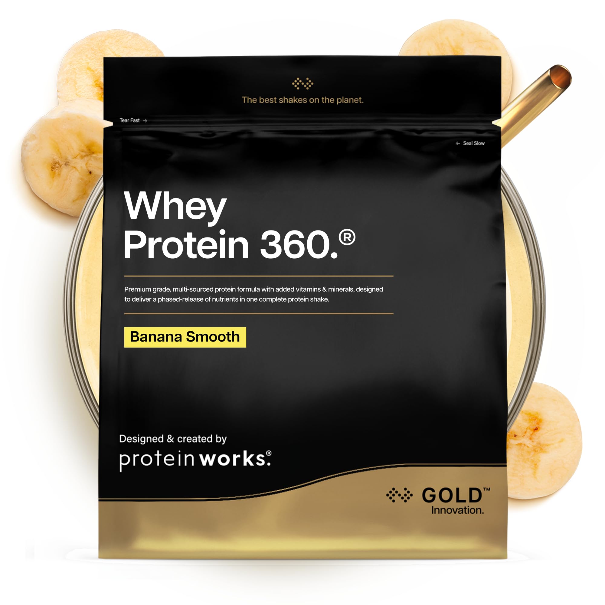 Protein Works | Whey Protein 360 - Gold Innovation, Whey Protein Powder, Premium Tri-Protein Blend, Digestive Enzymes, 12 Vitamins & Minerals, Banana Milkshake, 20 Servings, 600g