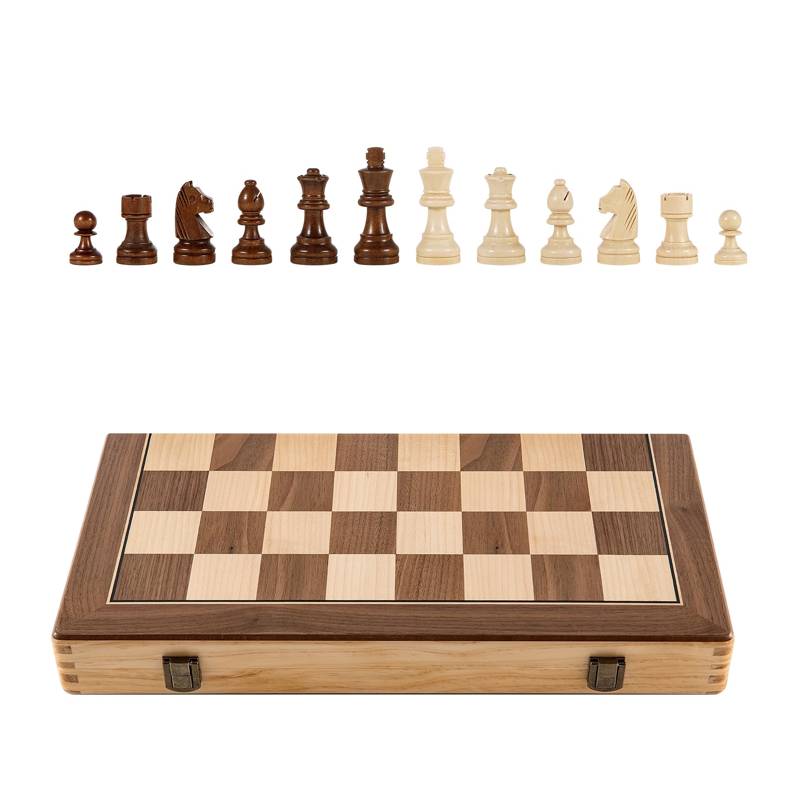 Schachspiel 38x38 cm Magnetisch Holz, Schachbrett Holz, 2-in-1 Schach & Dame, Reiseschach für Erwachsene und Kinder, Klappbares Schachspiel