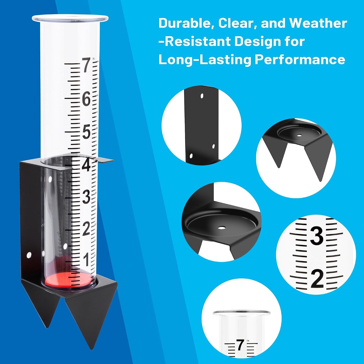 Rain Gauge Outdoor with Bracket, 7 Inch Easy-Read Removable Tube, 4 Mounting Options for Fence, Rail, Post, Planter or Ground, Black