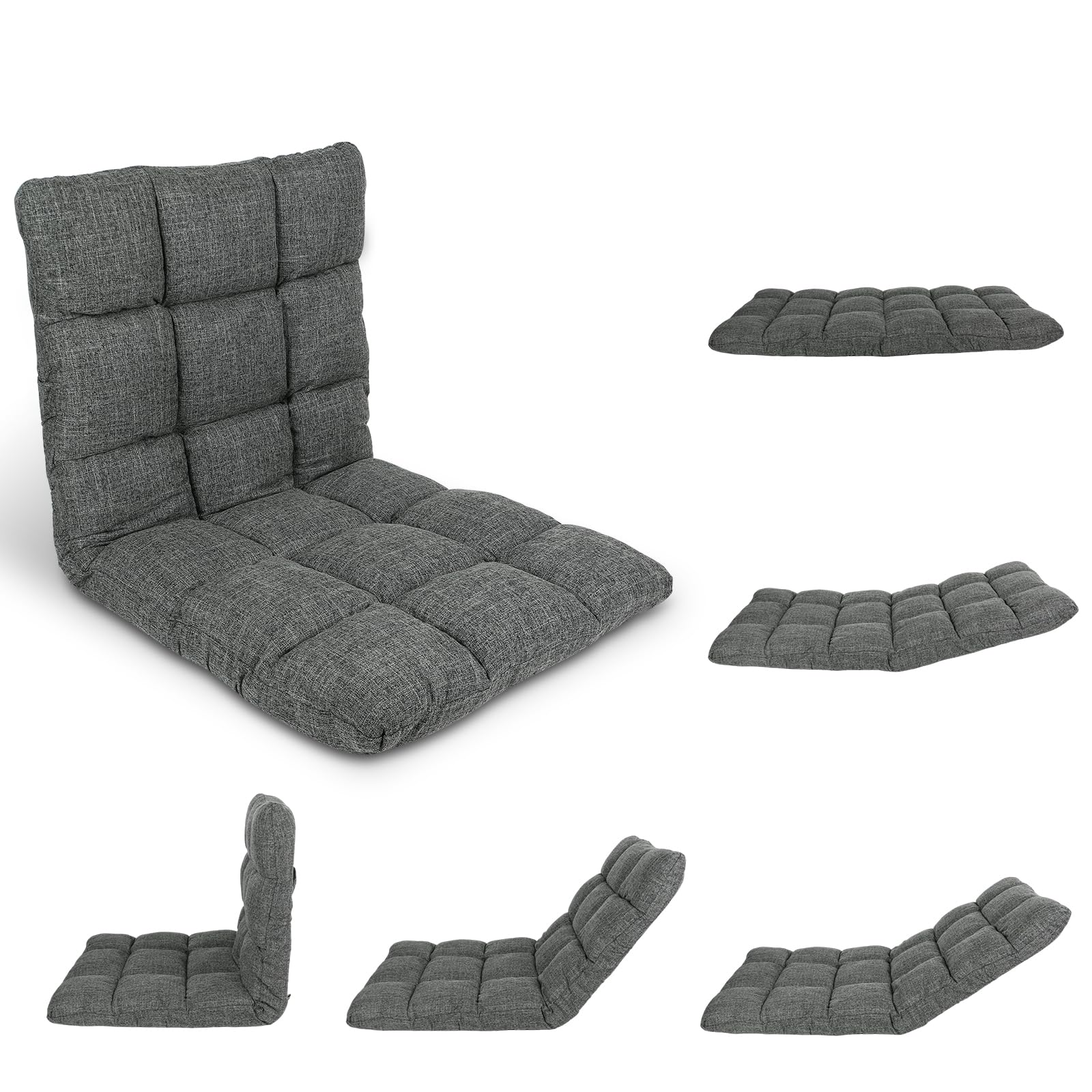 Sedia pieghevole da pavimento, divano letto regolabile, portatile, imbottita, con supporto per la schiena, per leggere, riposare, giocare (grigio)