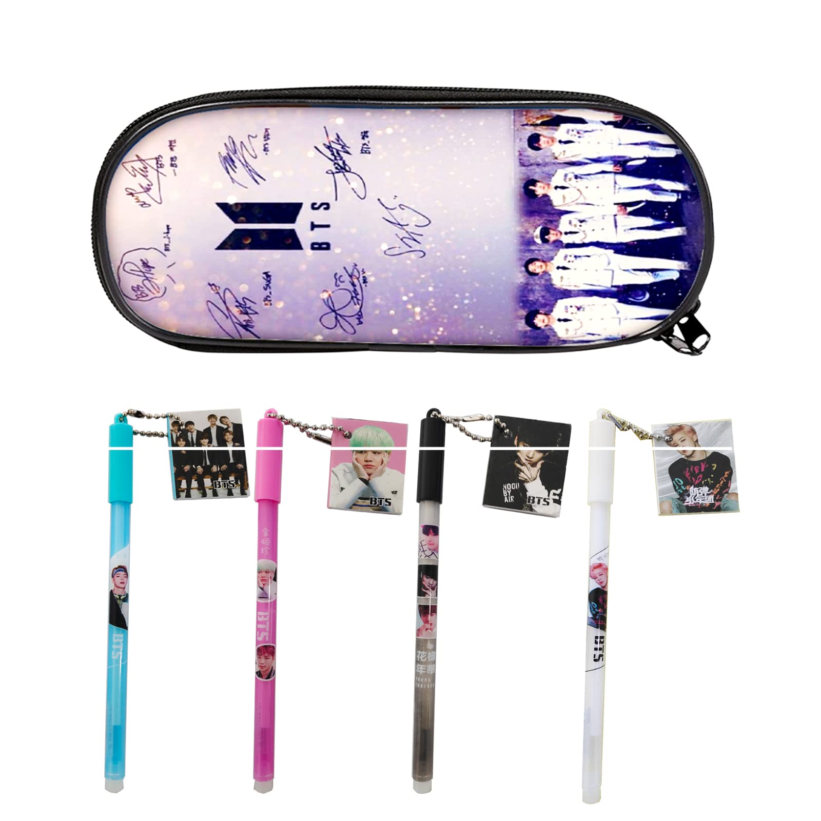 LcypolBTS Pencil Case Pen Set for A.R.M.Y - Bangtan Boys Pencil Case Large Capacity Stationary Storage Bag Pen Bag with 4 Pack BTS Gel Pen, black, briefcase