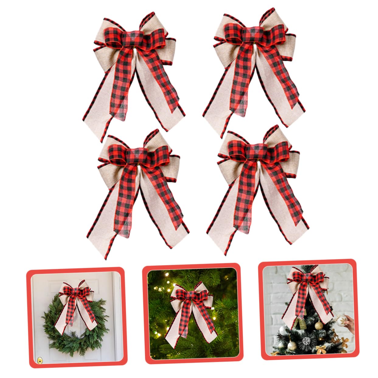 Cabilock 4 Sätze Karierte Schleife Weihnachtsbaumspitze Schleife Weihnachtsfenster Haftet Weihnachtsdekoration Drinnen Weihnachtskranzverzierung Weihnachtstürbögen Leinen- 4 Stück * 4