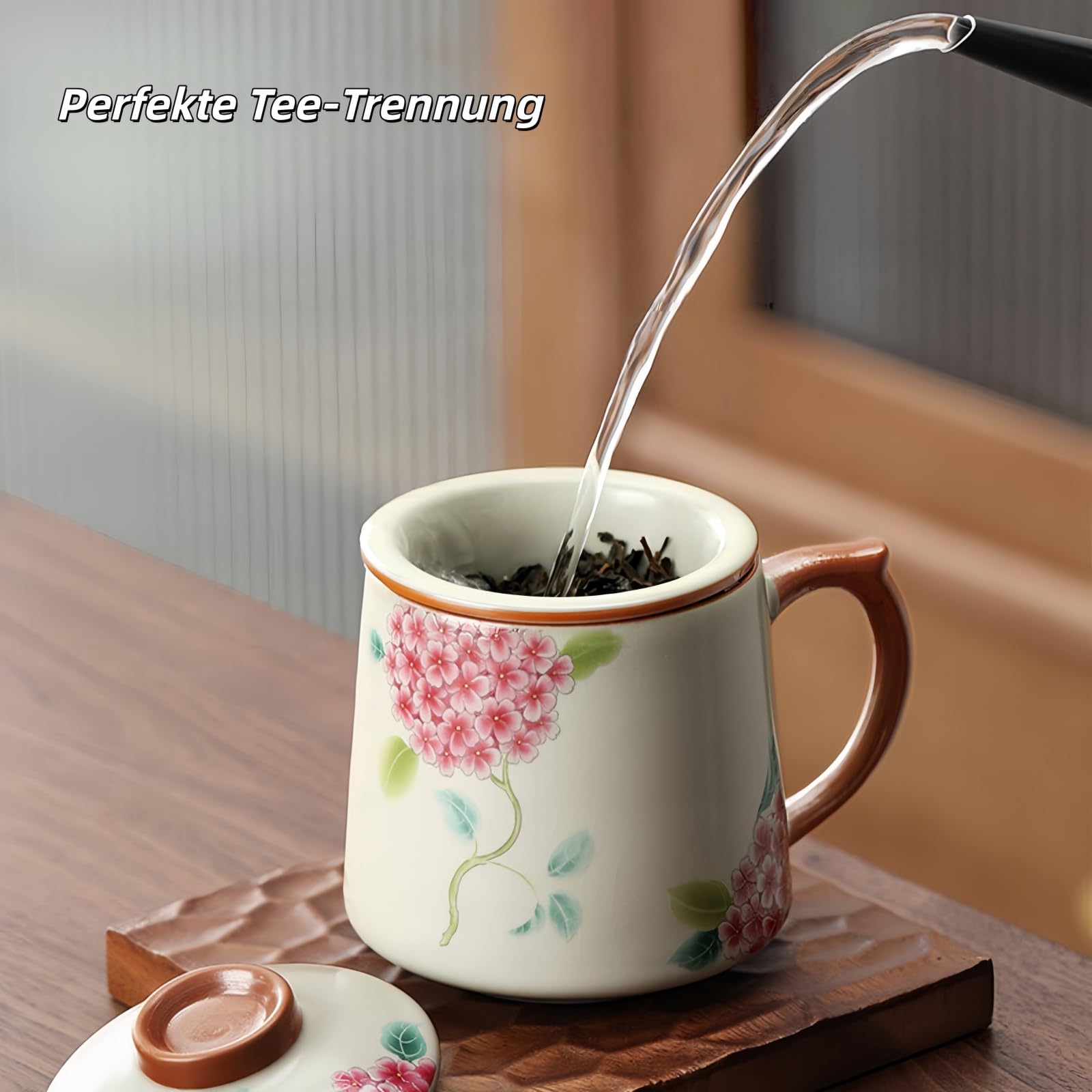 Ceramiczna filiżanka do herbaty z pokrywką 400 ml, separacja herbaty z sitkiem i uchwytem, 2 kolory (wzór Hydrangea), zestaw pojedynczy lub 4 sztuki (zielony, 4 sztuki)