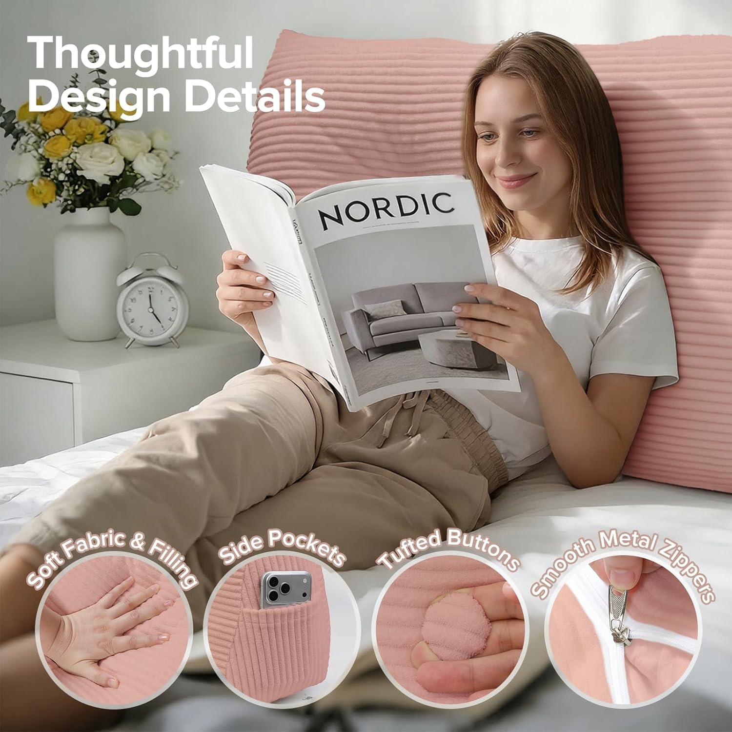 Headboard Pillow for Sitting Up in Bed, Queen Size Backrest Triangle Reading Pillow for Daybed, Supportive Bed Back Pillow for Reading, Watching TV & Relaxing, Soft Lean-Back Support, Pink