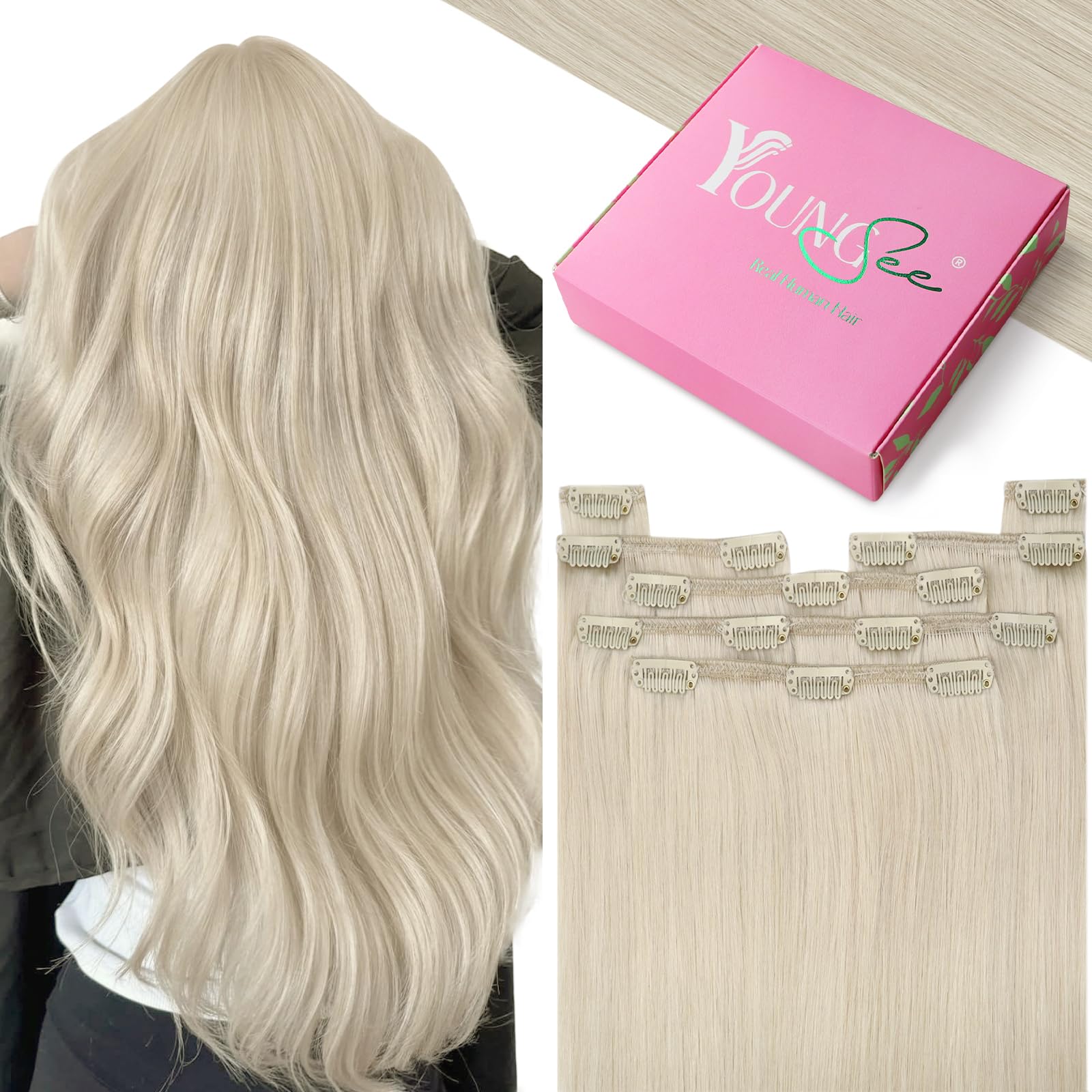 YoungSee Clip in Hair Extensions Real Human Hair Blonde 12 inch 80g Clip in Human Hair Extensions Platinum Blonde Clip in Extensions White Blonde for Women Short Straight 7Pcs