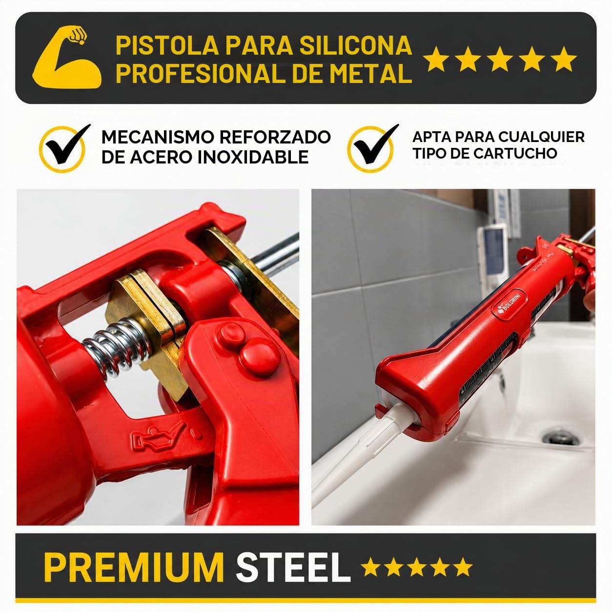 Pistola profesional para aplicar siliconas y selladores, estructura de metal y mecánica de acero. Soporta presiones de hasta 328 kg